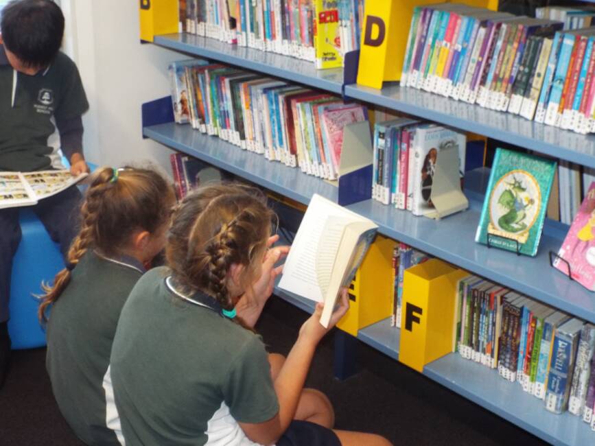 Children learning how to find books on the shelf